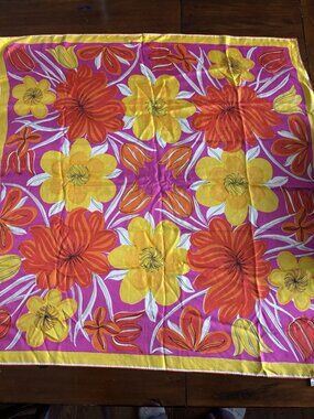 1970's Vera Neumann Silk Chiffon Hand Rolled Bright Floral 29" Square Scarf